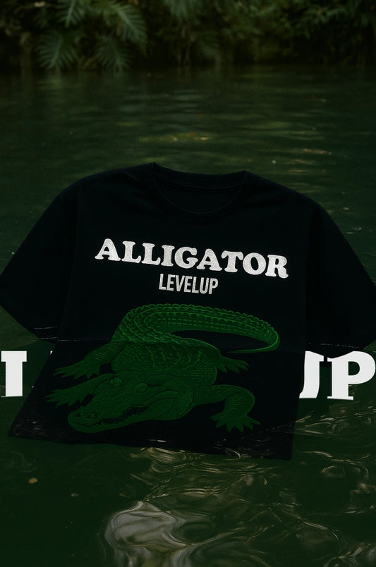 LEVELUP ALLIGATOR oversized black T-shirt puff / dtf printed