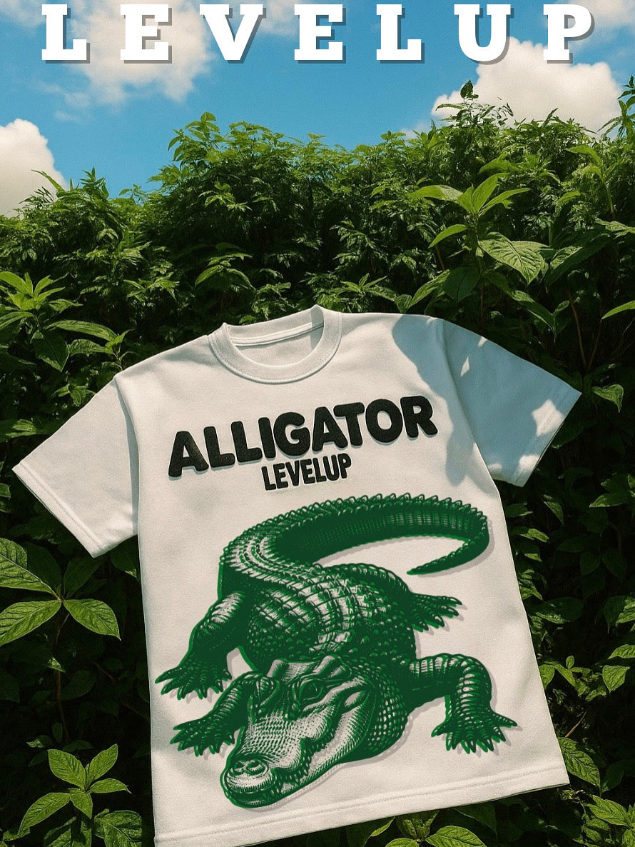 LEVELUP ALLIGATOR oversized black T-shirt puff / dtf printed