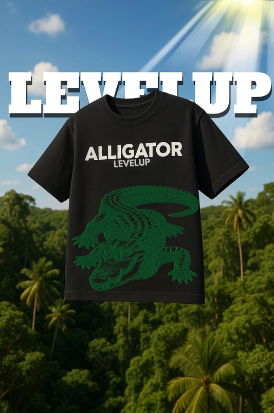 LEVELUP ALLIGATOR oversized black T-shirt puff / dtf printed