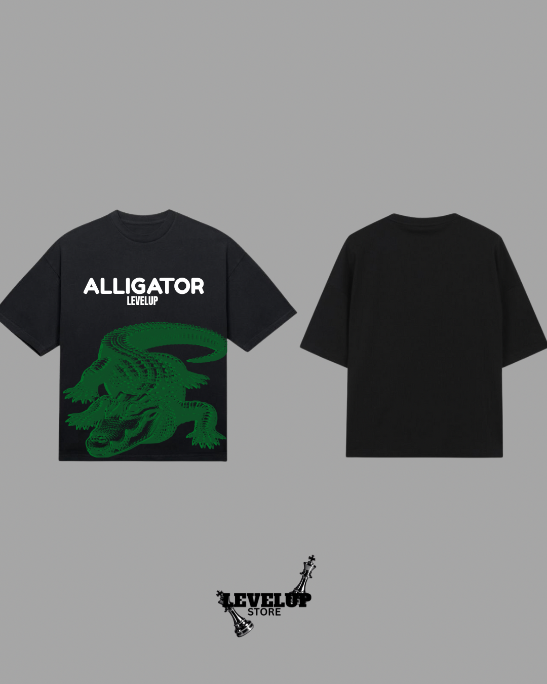 LEVELUP ALLIGATOR oversized black T-shirt puff / dtf printed